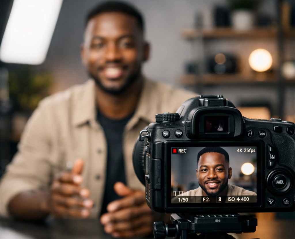 Caméra filmant un entrepreneur lors d’un tournage vidéo professionnel